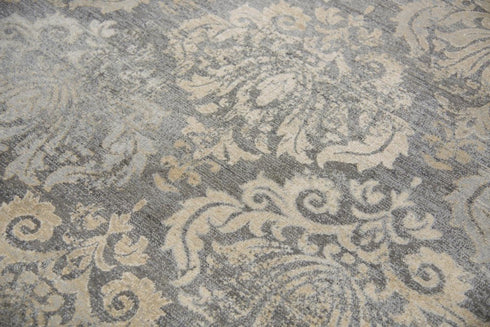 5' X 8' Dark Gray And Tan New Zealand Lambs Wool Damask Hand Carved Handmade Area Rug