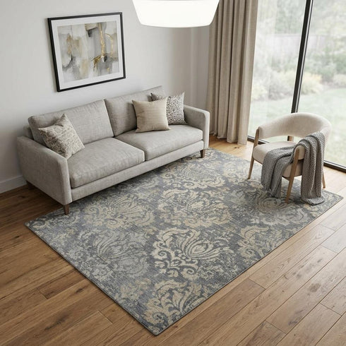 5' X 8' Dark Gray And Tan New Zealand Lambs Wool Damask Hand Carved Handmade Area Rug