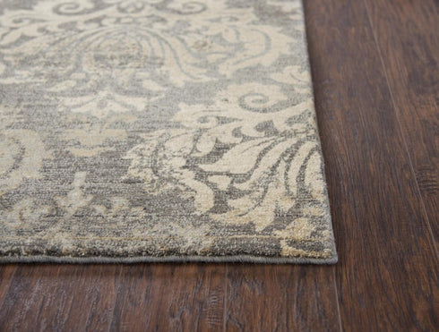 8' X 10' Dark Gray And Tan New Zealand Lambs Wool Damask Hand Carved Handmade Area Rug