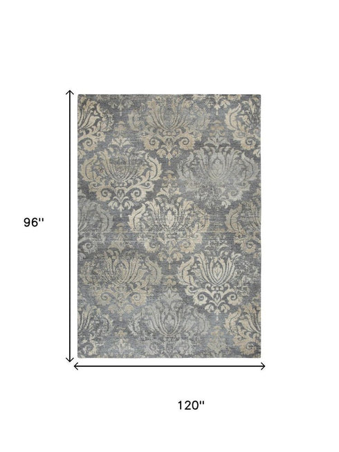 8' X 10' Dark Gray And Tan New Zealand Lambs Wool Damask Hand Carved Handmade Area Rug