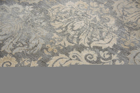 9' X 12' Dark Gray And Tan New Zealand Lambs Wool Damask Hand Carved Handmade Area Rug