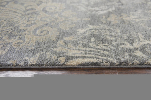 9' X 12' Dark Gray And Tan New Zealand Lambs Wool Damask Hand Carved Handmade Area Rug