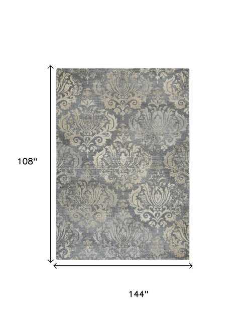 9' X 12' Dark Gray And Tan New Zealand Lambs Wool Damask Hand Carved Handmade Area Rug