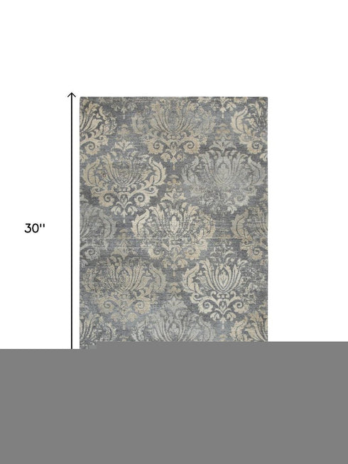 8' Dark Gray And Tan New Zealand Lambs Wool Damask Hand Carved Handmade Area Rug