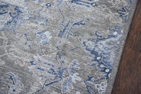 8' Dark Gray Blue And Light Gray New Zealand Lambs Wool Floral Hand Carved Handmade Area Rug