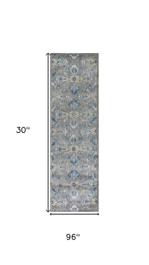 8' Dark Gray Blue And Light Gray New Zealand Lambs Wool Floral Hand Carved Handmade Area Rug