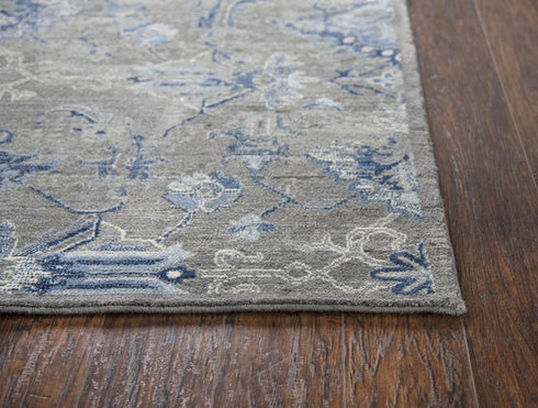 8' X 10' Dark Gray Blue And Light Gray New Zealand Lambs Wool Floral Hand Carved Handmade Area Rug