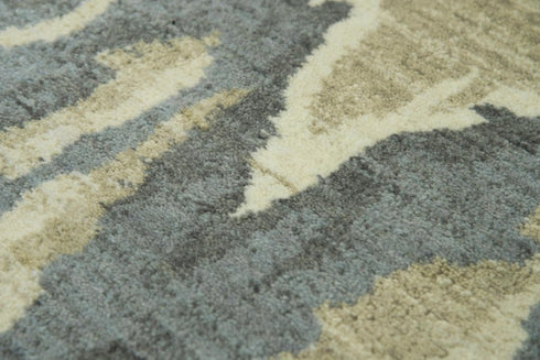 9' X 12' Gray Cream Yellow And Teal New Zealand Lambs Wool Abstract Hand Carved Handmade Area Rug