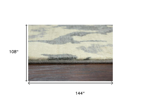 9' X 12' Gray Cream Yellow And Teal New Zealand Lambs Wool Abstract Hand Carved Handmade Area Rug