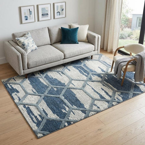 5' X 8' Blue And Ivory Geometric Hand Tufted Area Rug