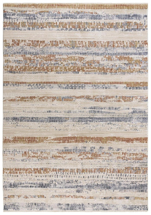 5' X 8' Terra Cotta And Blue Striped Area Rug
