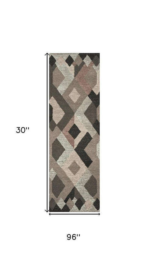 8' Natural Brown Beige Charcoal And Gray Wool Geometric Hand Tufted Area Rug