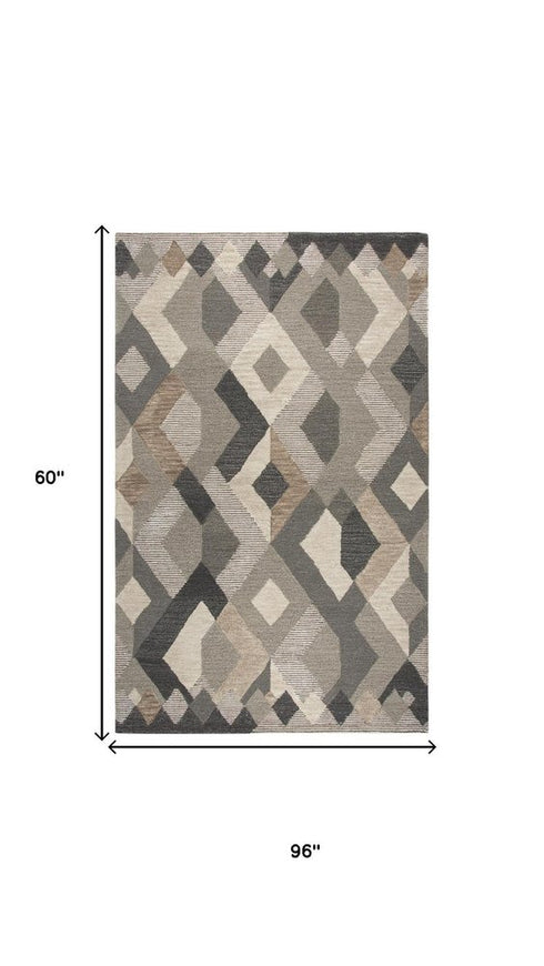 5' X 8' Natural Brown Beige Charcoal And Gray Wool Geometric Hand Tufted Area Rug