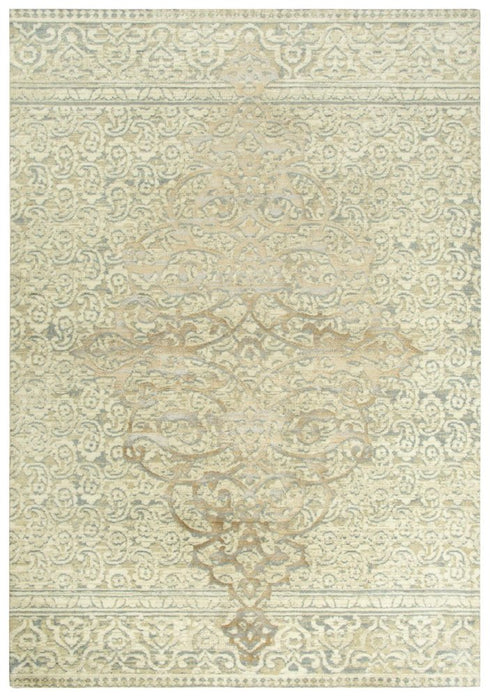 8' Beige And Natural New Zealand Lambs Wool Medallion Hand Carved Handmade Area Rug