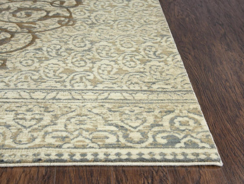 8' Beige And Natural New Zealand Lambs Wool Medallion Hand Carved Handmade Area Rug