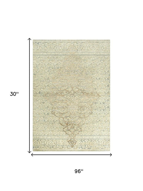8' Beige And Natural New Zealand Lambs Wool Medallion Hand Carved Handmade Area Rug