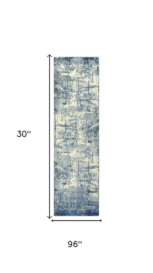 8' Blue Light Blue Gray And Ivory New Zealand Lambs Wool Abstract Hand Carved Handmade Area Rug
