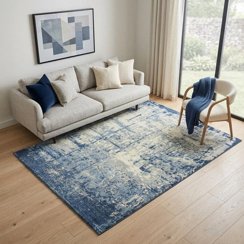 5' X 8' Blue Light Blue Gray And Ivory New Zealand Lambs Wool Abstract Hand Carved Handmade Area Rug