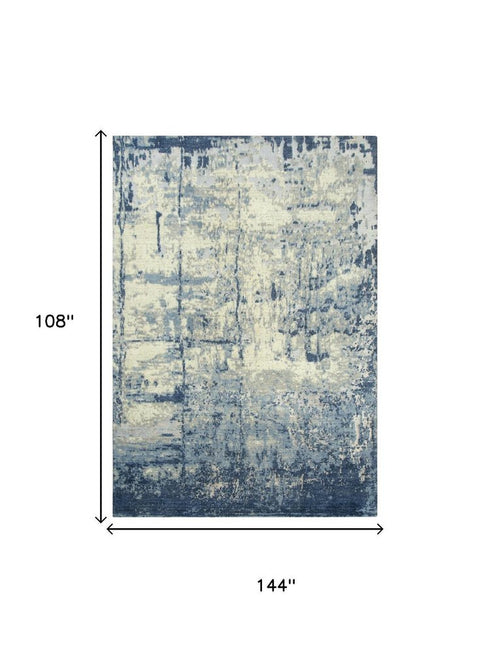 9' X 12' Blue Light Blue Gray And Ivory New Zealand Lambs Wool Abstract Hand Carved Handmade Area Rug