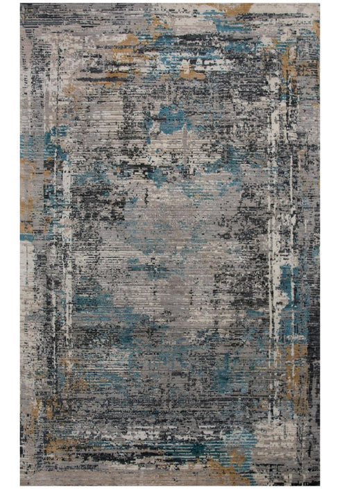8' Gray Black Yellow Blue And Ivory New Zealand Lambs Wool Abstract Hand Carved Handmade Area Rug
