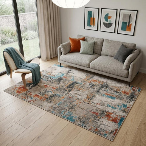 5' X 8' Beige Yellow Orange Blue Ivory Gray Charcoal And Red New Zealand Lambs Wool Abstract Hand Carved Handmade Area Rug