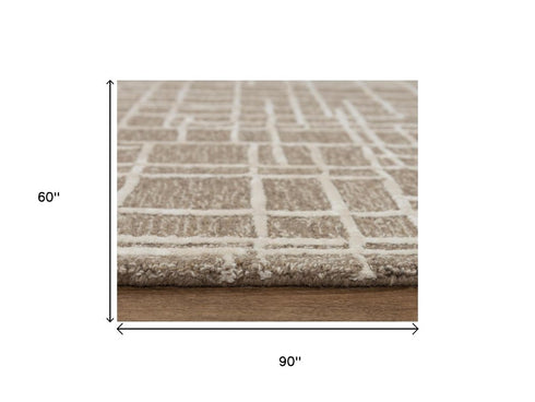 5' X 8' Brown Natural And Ivory Wool Geometric Hand Tufted Area Rug