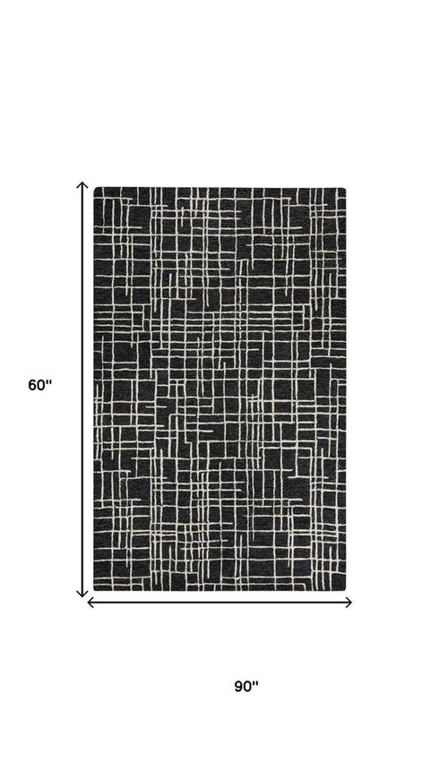 5' X 8' Black And Ivory Wool Geometric Hand Tufted Area Rug