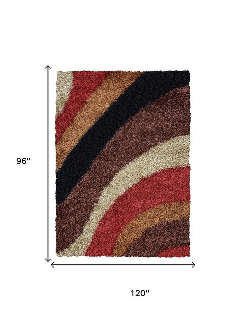 8' X 10' Red Orange Brown And Cream Abstract Shag Hand Tufted Area Rug