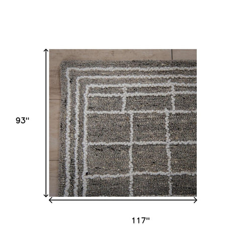 8' X 10' Gray And Ivory Wool Plaid Hand Tufted Area Rug