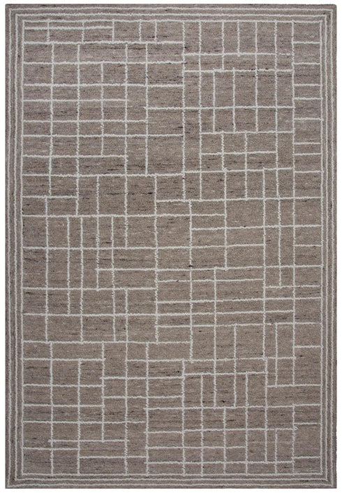 9' X 12' Brown And Ivory Wool Plaid Hand Tufted Area Rug