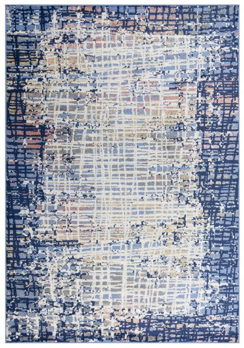 8' Navy Blue Pink Yellow Gray And Ivory Abstract Area Rug