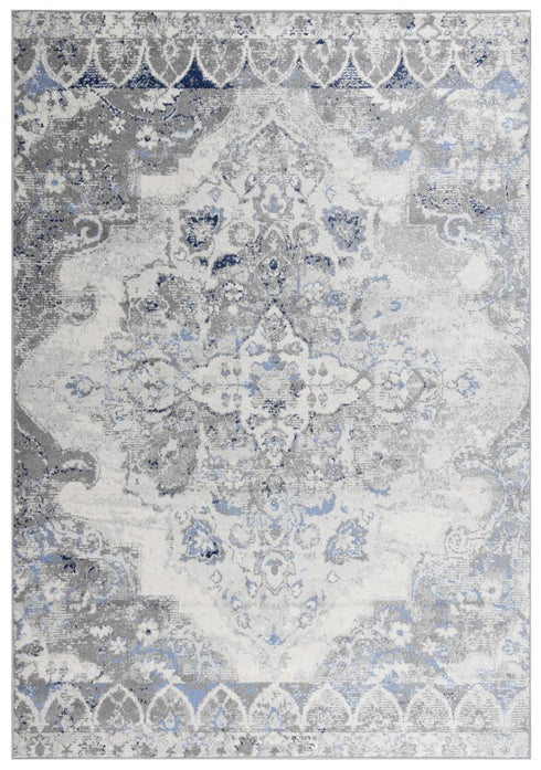 8' X 10' Gray Dark Blue Light Blue And Light Gray Medallion Area Rug