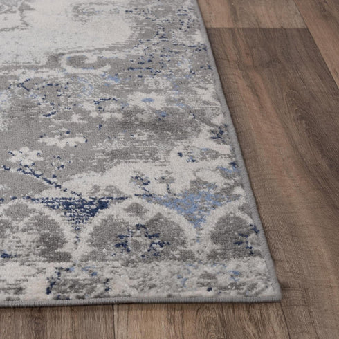 8' X 10' Gray Dark Blue Light Blue And Light Gray Medallion Area Rug