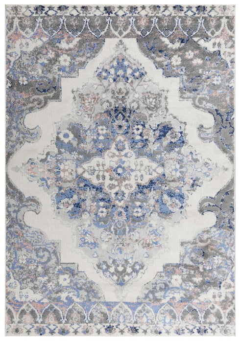 8' Blue Light Pink Dark Blue Gray And Ivory Medallion Area Rug