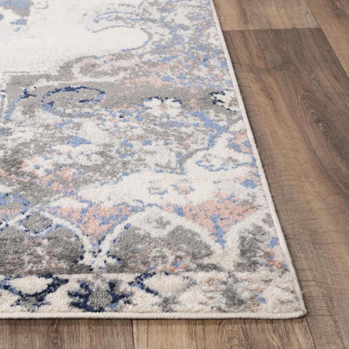8' Blue Light Pink Dark Blue Gray And Ivory Medallion Area Rug