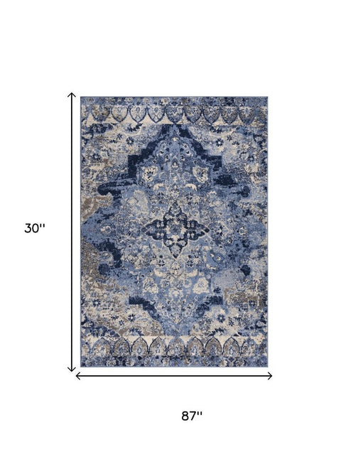 8' Blue Gray And Ivory Medallion Area Rug