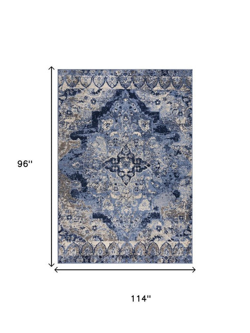 8' X 10' Blue Gray And Ivory Medallion Area Rug