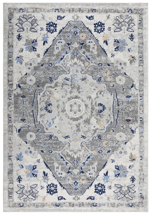 8' X 10' Gray Dark Blue Light Blue Ivory And Peach Medallion Area Rug
