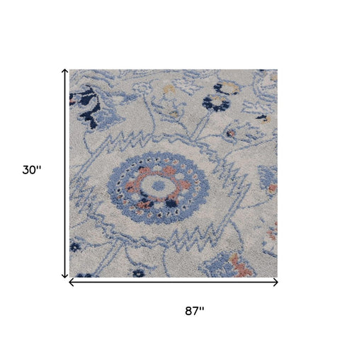 8' Blue Dark Blue Orange Yellow Black And Ivory Medallion Area Rug