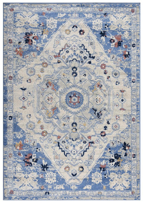 8' X 10' Blue Dark Blue Orange Yellow Black And Ivory Medallion Area Rug