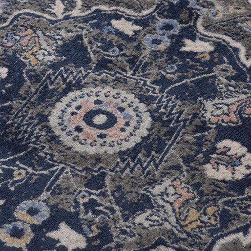 8' Dark Gray Blue Yellow Pink Ivory And Light Gray Medallion Area Rug