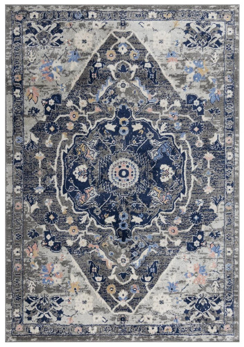 8' X 10' Dark Gray Blue Yellow Pink Ivory And Light Gray Medallion Area Rug