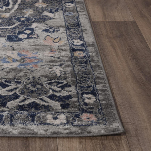 8' X 10' Dark Gray Blue Yellow Pink Ivory And Light Gray Medallion Area Rug
