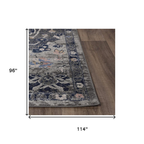 8' X 10' Dark Gray Blue Yellow Pink Ivory And Light Gray Medallion Area Rug