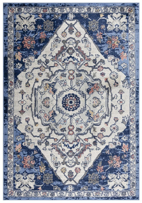 8' X 10' Blue Light Blue Pink Yellow Light Gray And Gray Medallion Area Rug