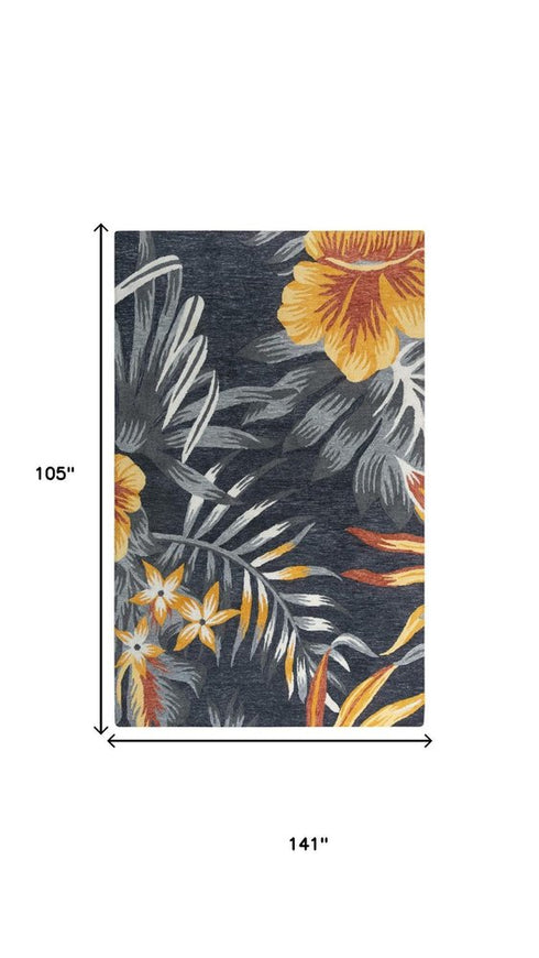 9' X 12' Charcoal Orange Red And Gray Floral Hand Tufted Area Rug