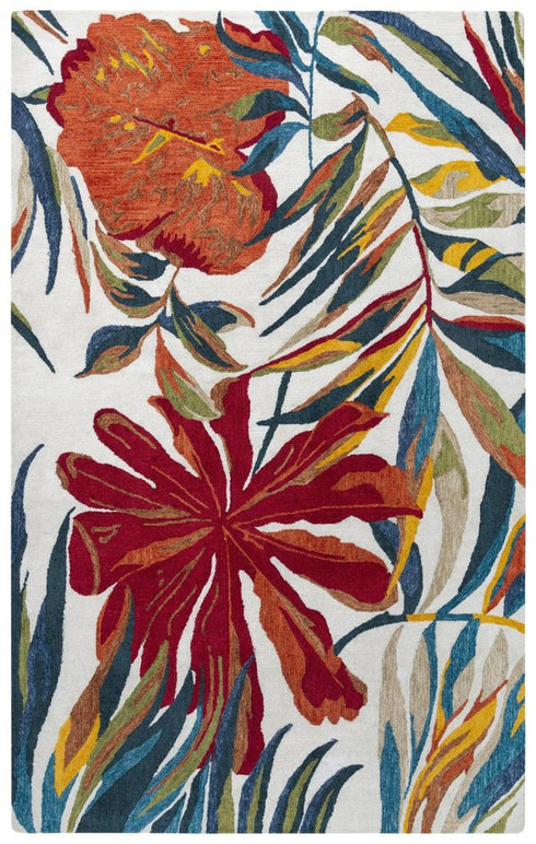 9' X 12' Ivory Red Orange Yellow And Green Floral Hand Tufted Area Rug