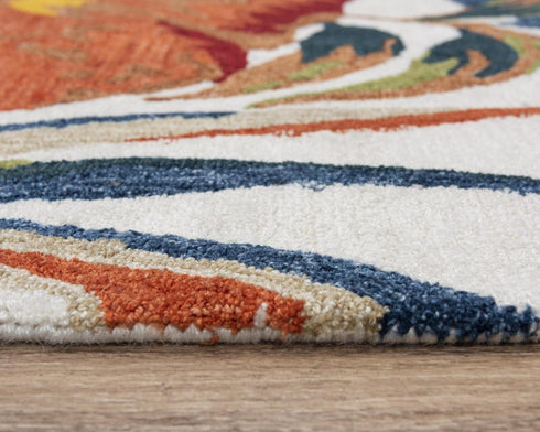 9' X 12' Ivory Red Orange Yellow And Green Floral Hand Tufted Area Rug