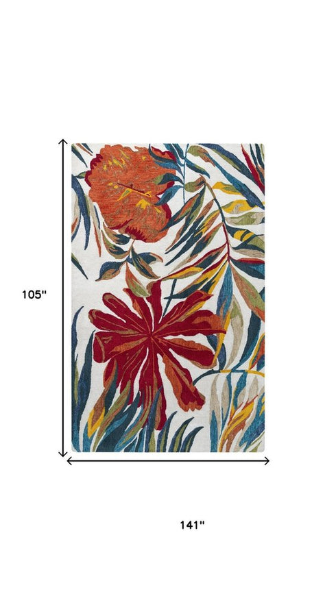 9' X 12' Ivory Red Orange Yellow And Green Floral Hand Tufted Area Rug
