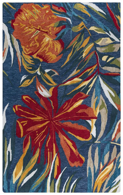 8' X 10' Dark Blue Red Orange Yellow And Green Floral Hand Tufted Area Rug